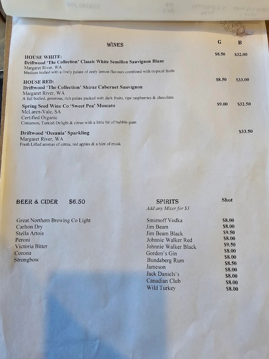 Menu, Spill the Beans AT SEASCAPES