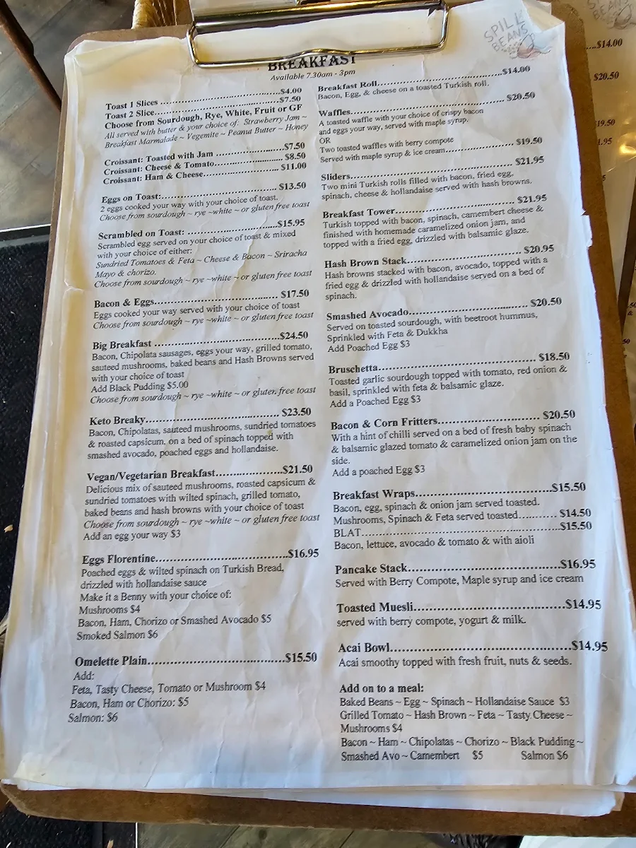 Menu, Spill the Beans AT SEASCAPES