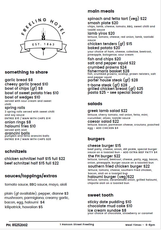 Menu, Freeling Hotel