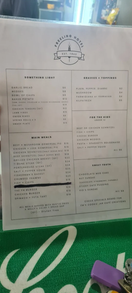 Menu, Freeling Hotel