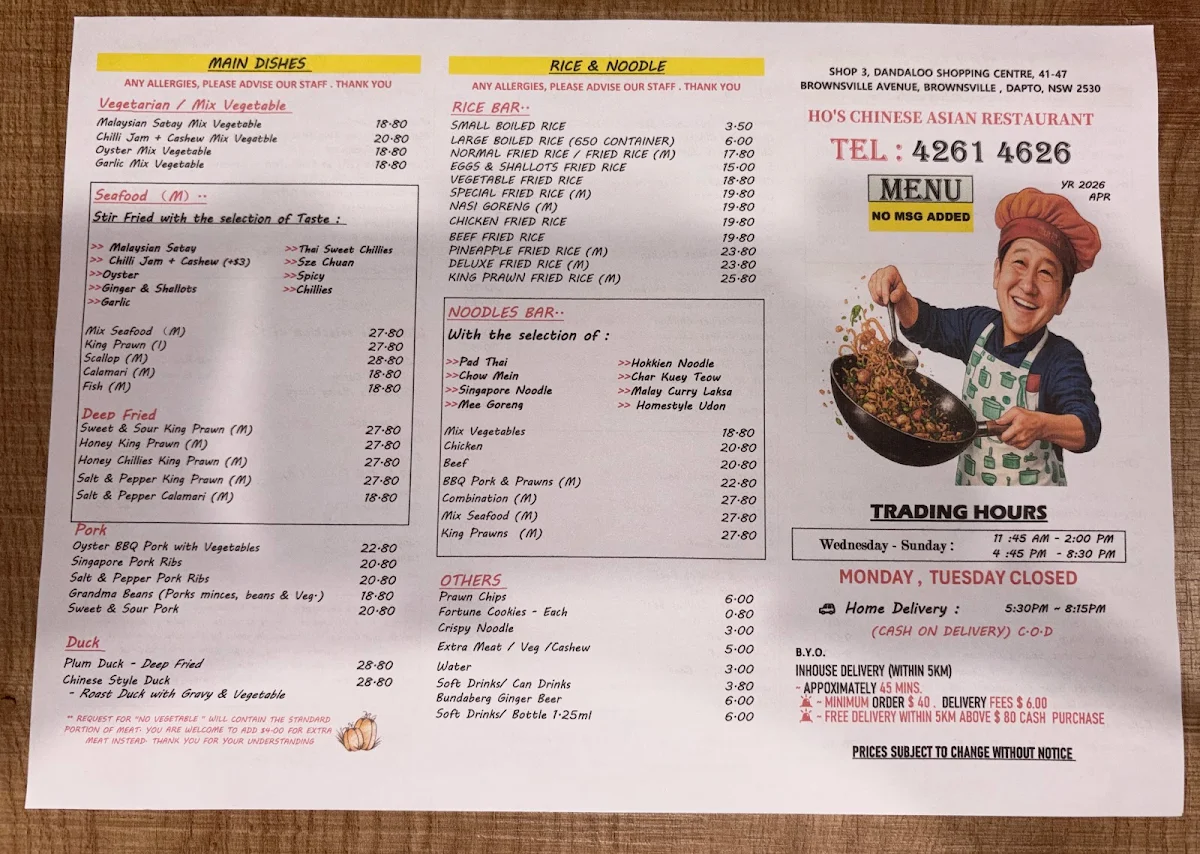Menu, Ho's Chinese Asian Restaurant