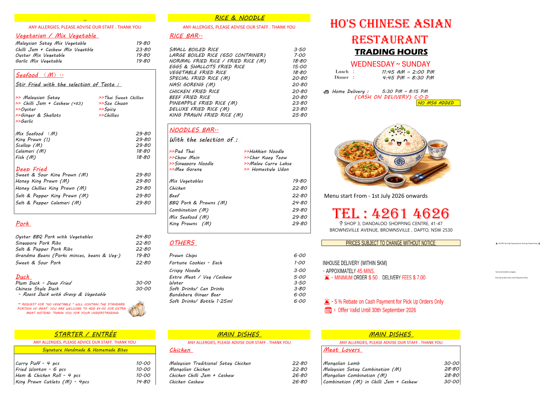 Menu, Ho's Chinese Asian Restaurant