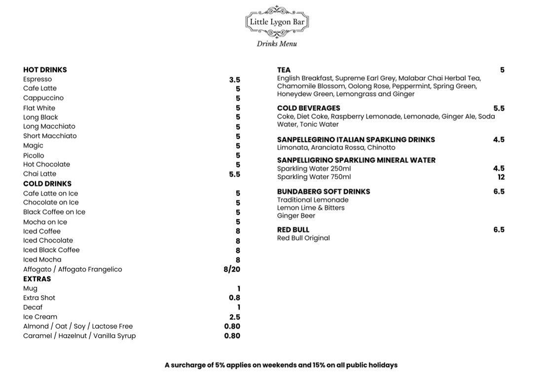 Menu, Little Lygon Bar