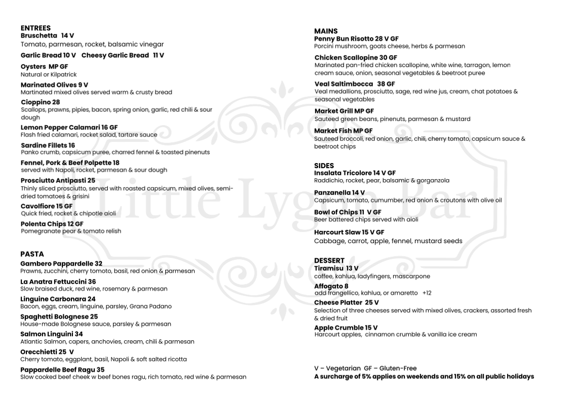 Menu, Little Lygon Bar