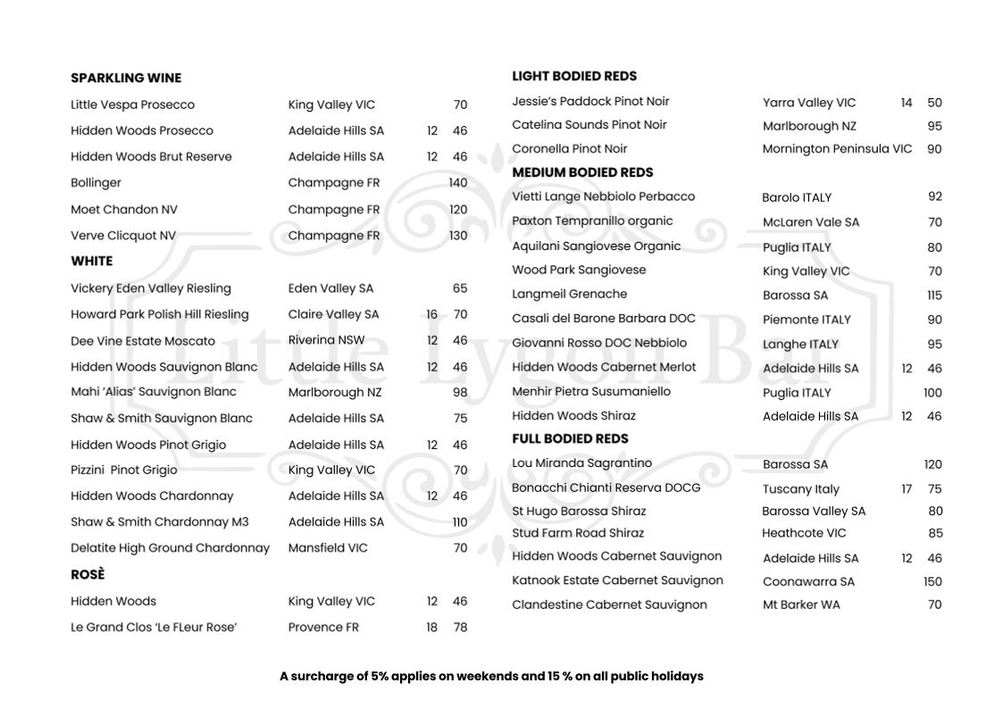 Menu, Little Lygon Bar