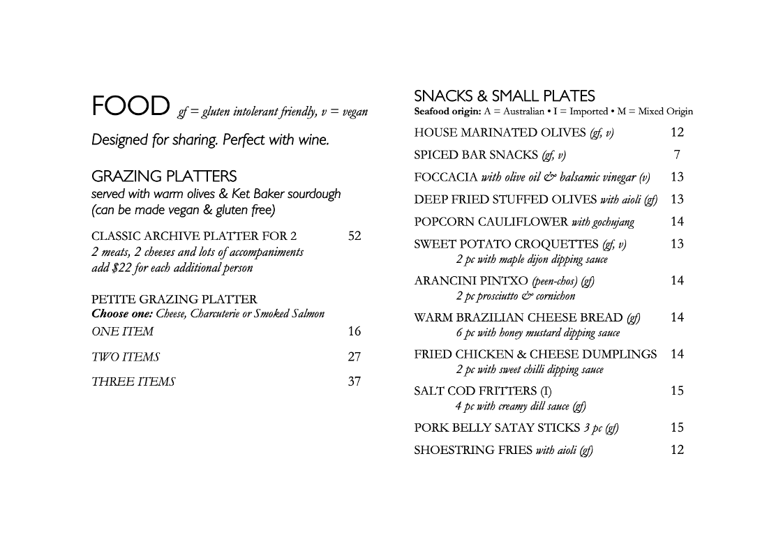 Menu, Archive Wine Bar