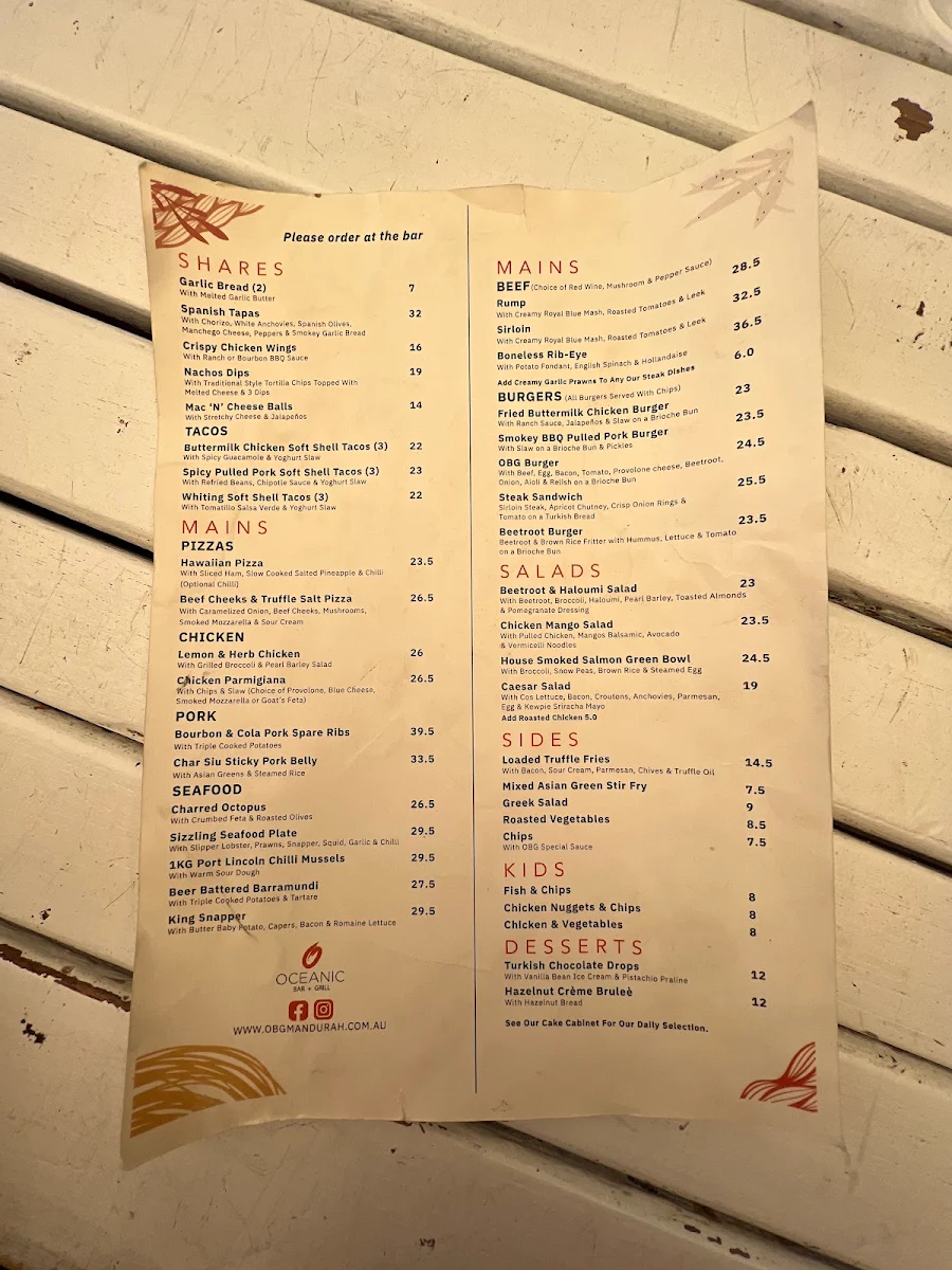 Menu, Oceanic Bar + Grill