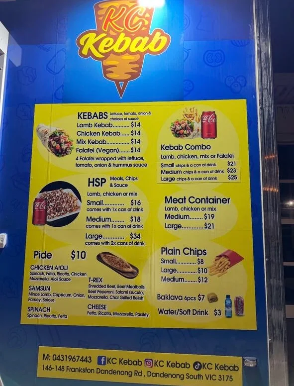 Menu, KC kebab