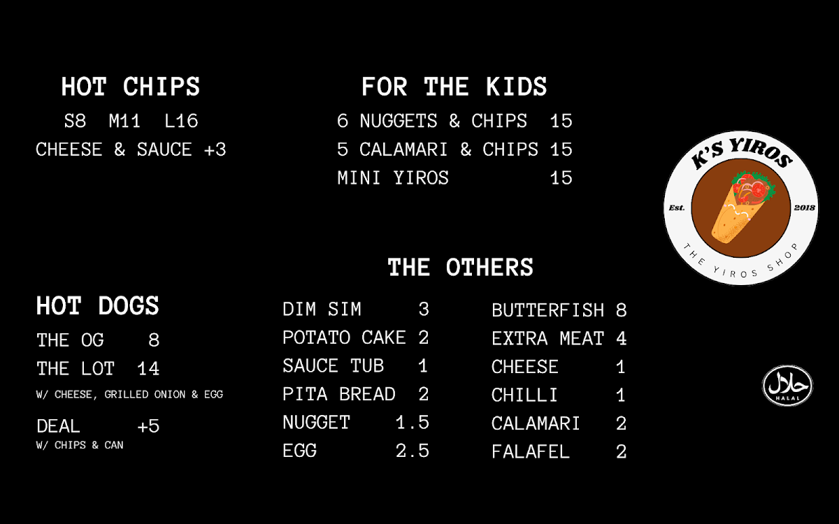 Menu, K's Yiros
