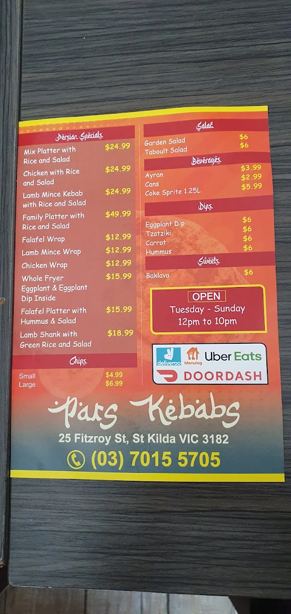 Menu, Pars Kitchen