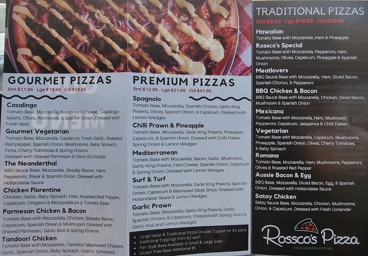 Menu, Rossco's Pizza South Rockhampton