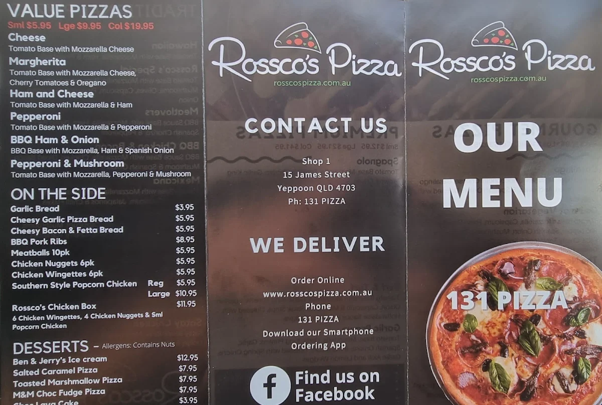 Menu, Rossco's Pizza South Rockhampton