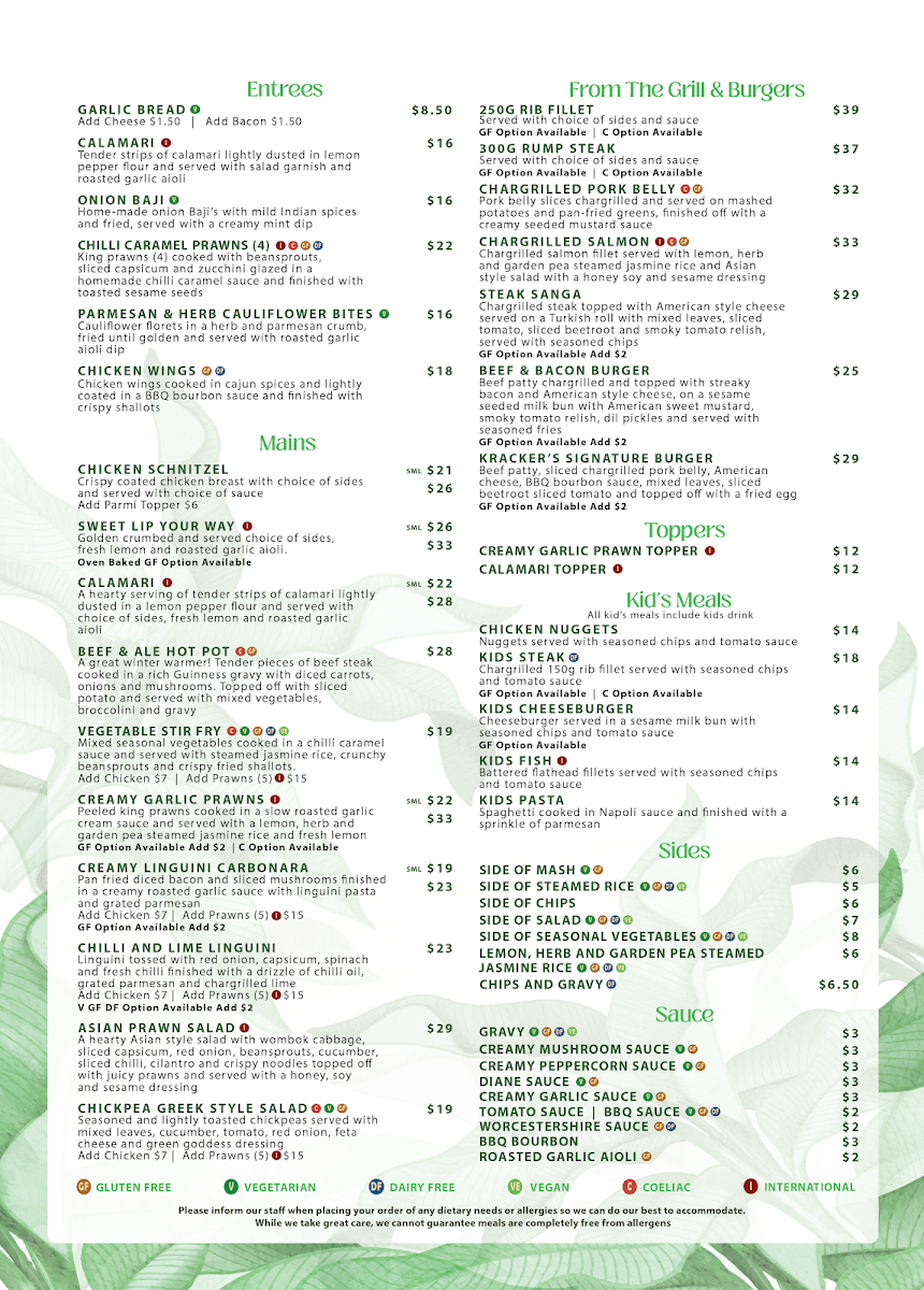 Menu, Krackers Bar & Grill