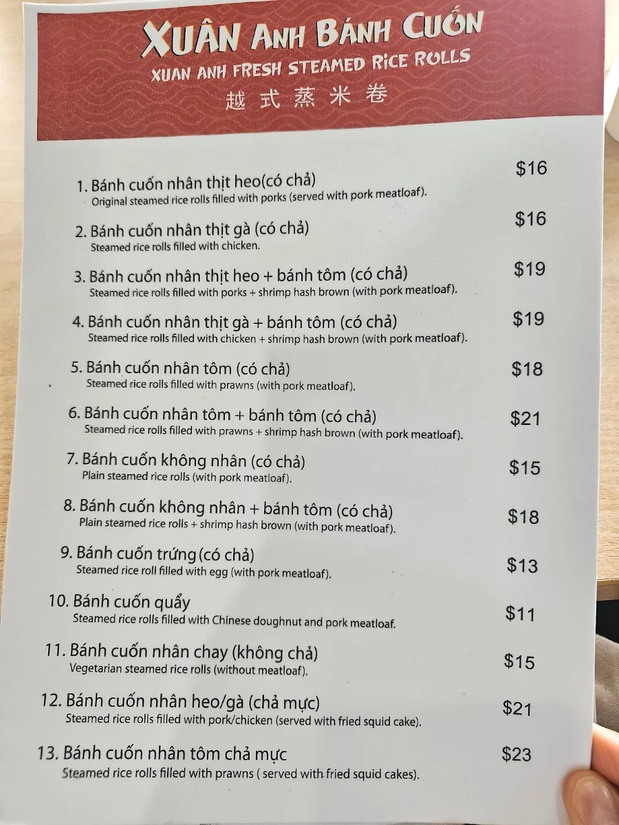 Menu, Xuan Anh Banh Cuon