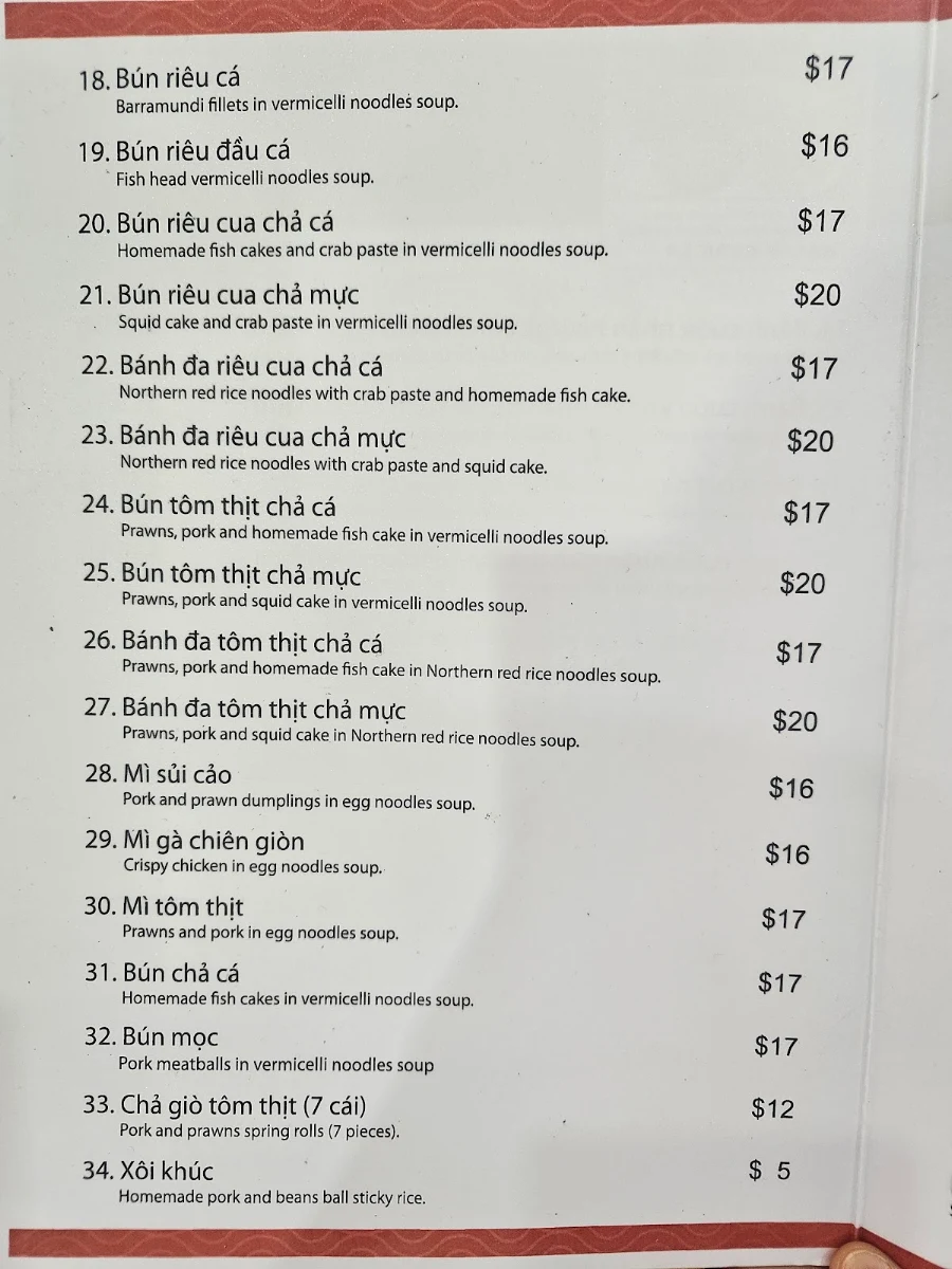 Menu, Xuan Anh Banh Cuon