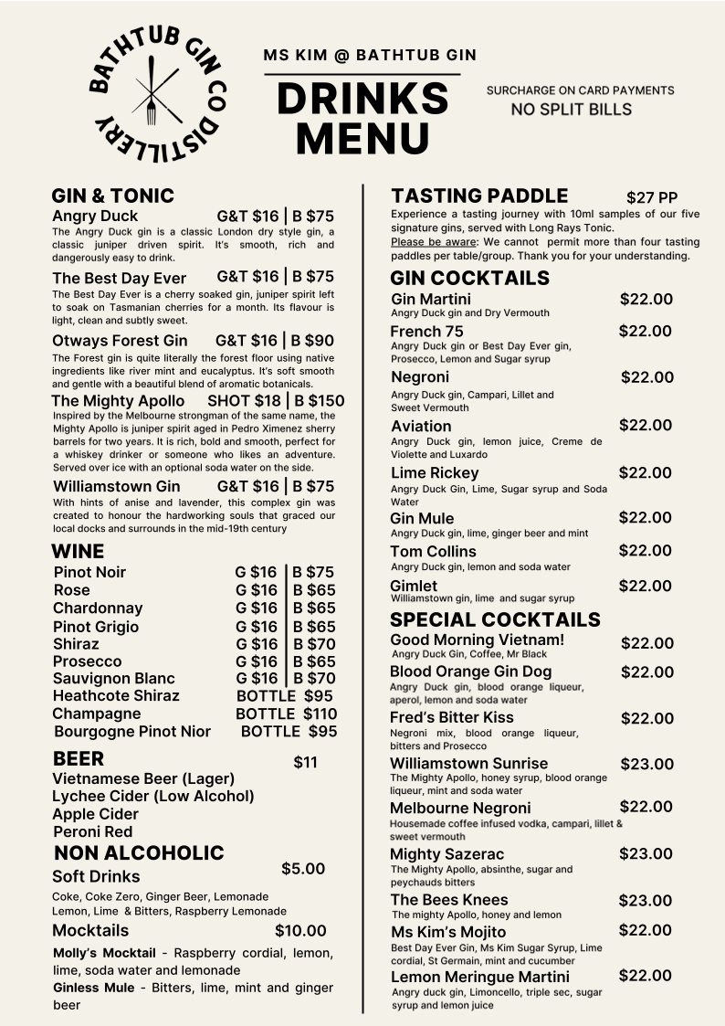 Menu, Ms Kim Vietnamese Restaurant & Bar
