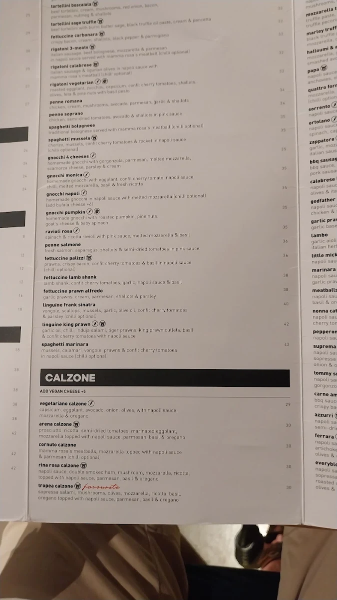 Menu, Criniti's Parramatta