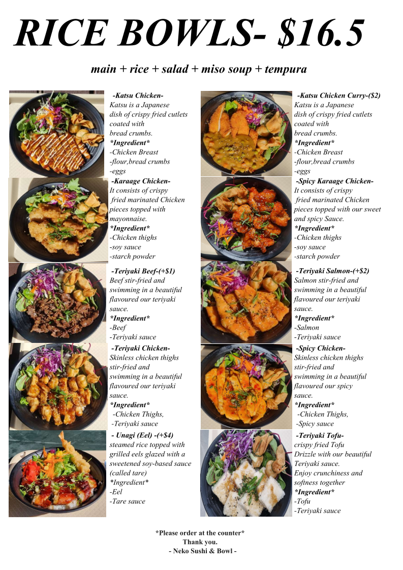 Menu, Neko Sushi & Bowl