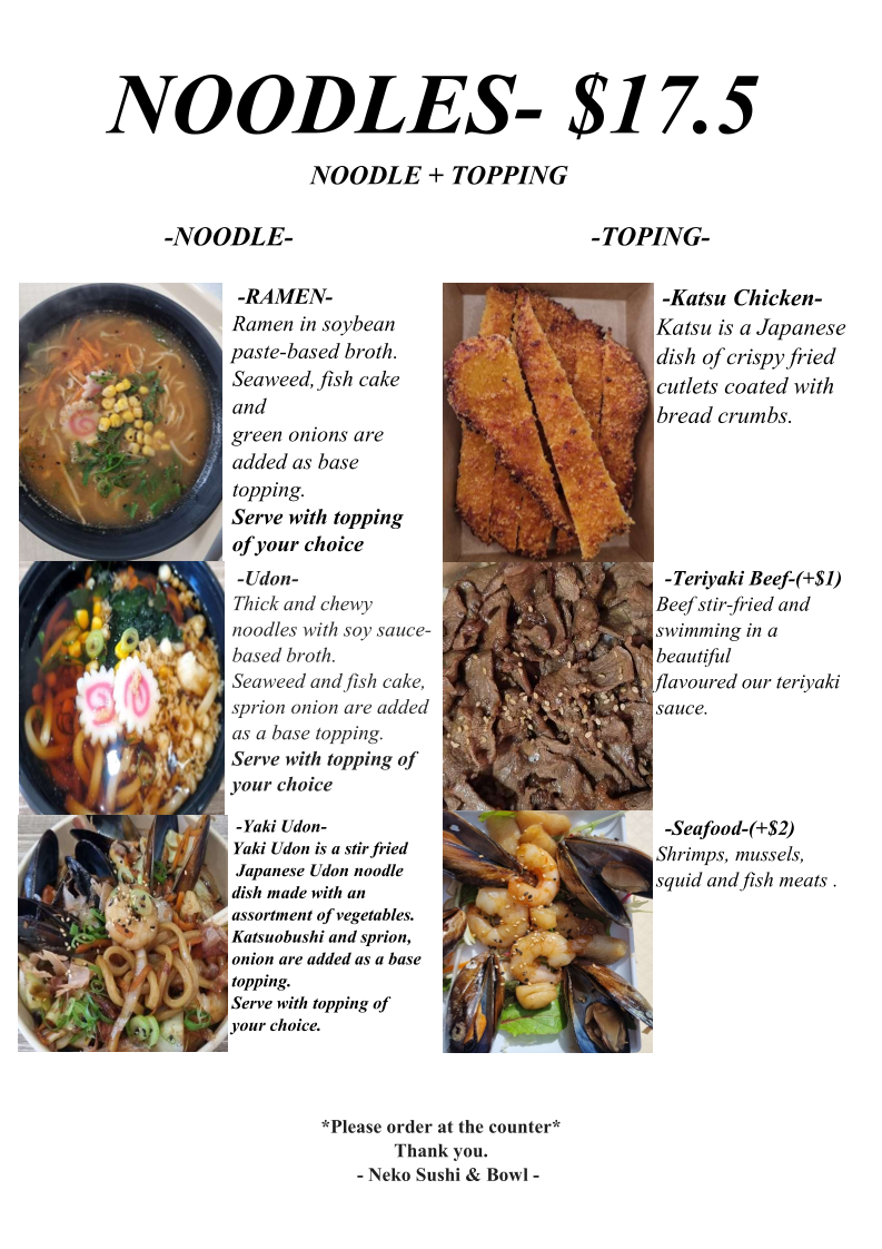 Menu, Neko Sushi & Bowl