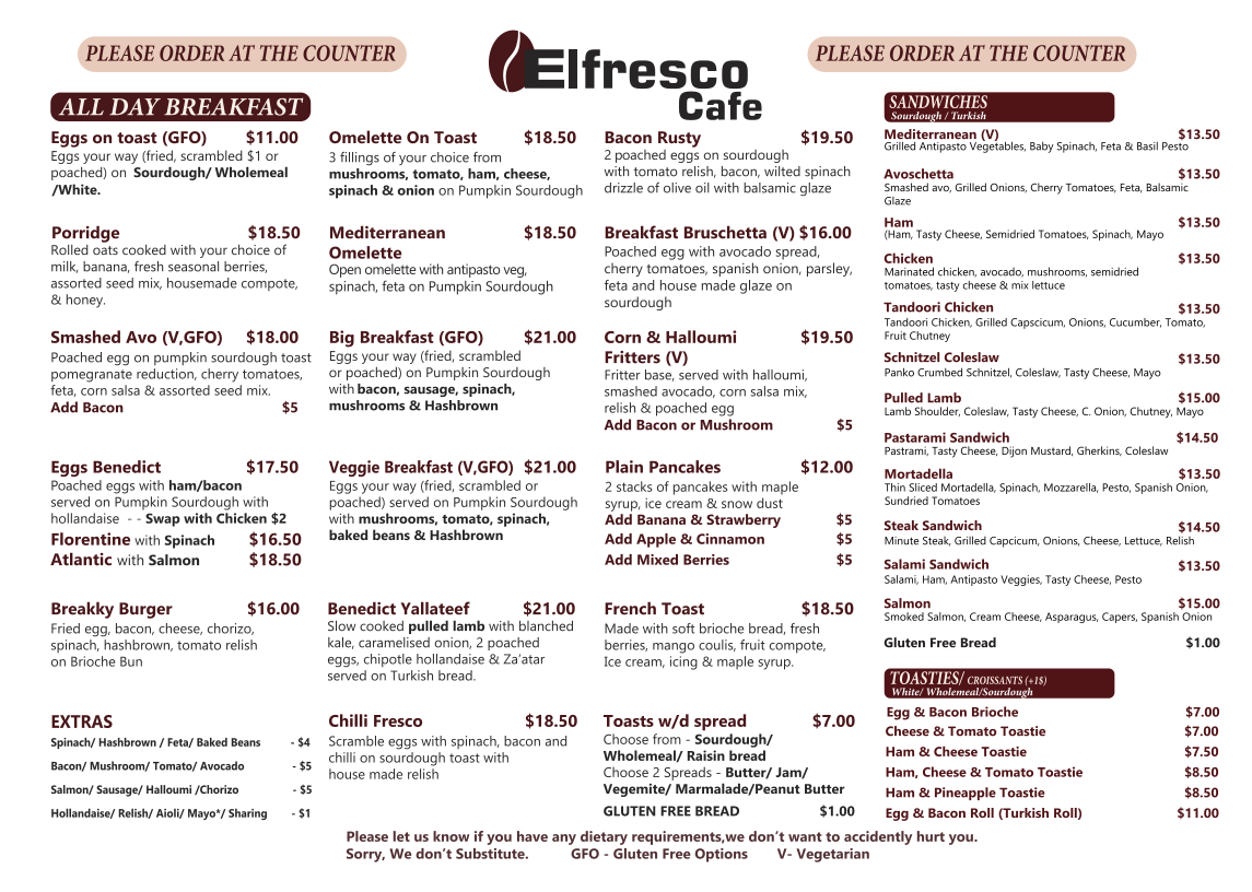Menu, Elfresco Cafe