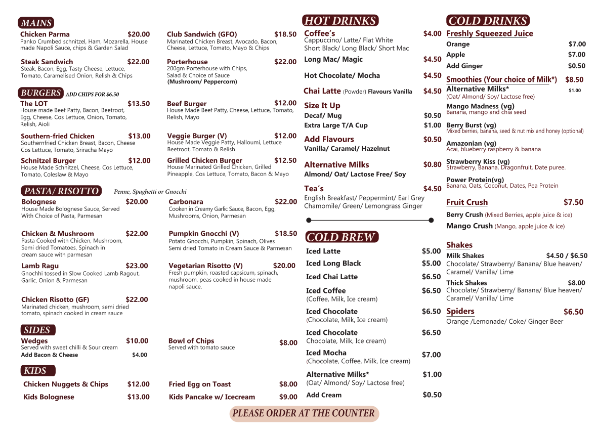 Menu, Elfresco Cafe