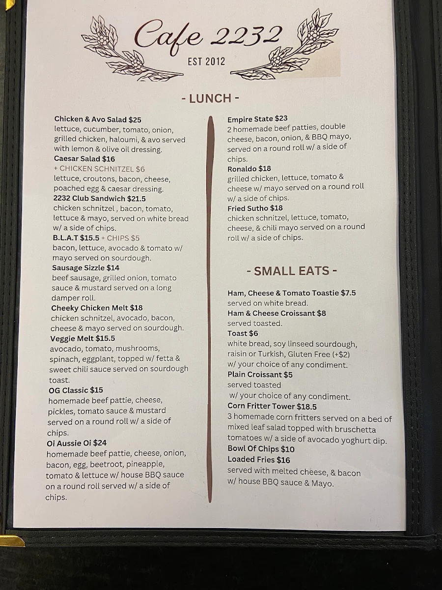Menu, Cafe 2232 Sutherland