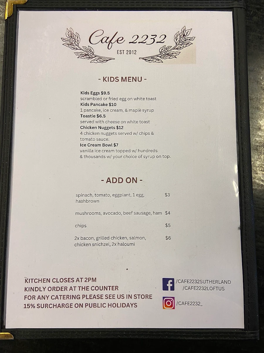 Menu, Cafe 2232 Sutherland