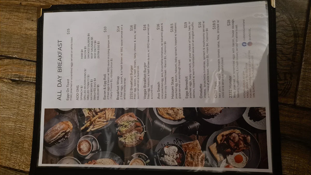 Menu, Cafe 2232 Sutherland