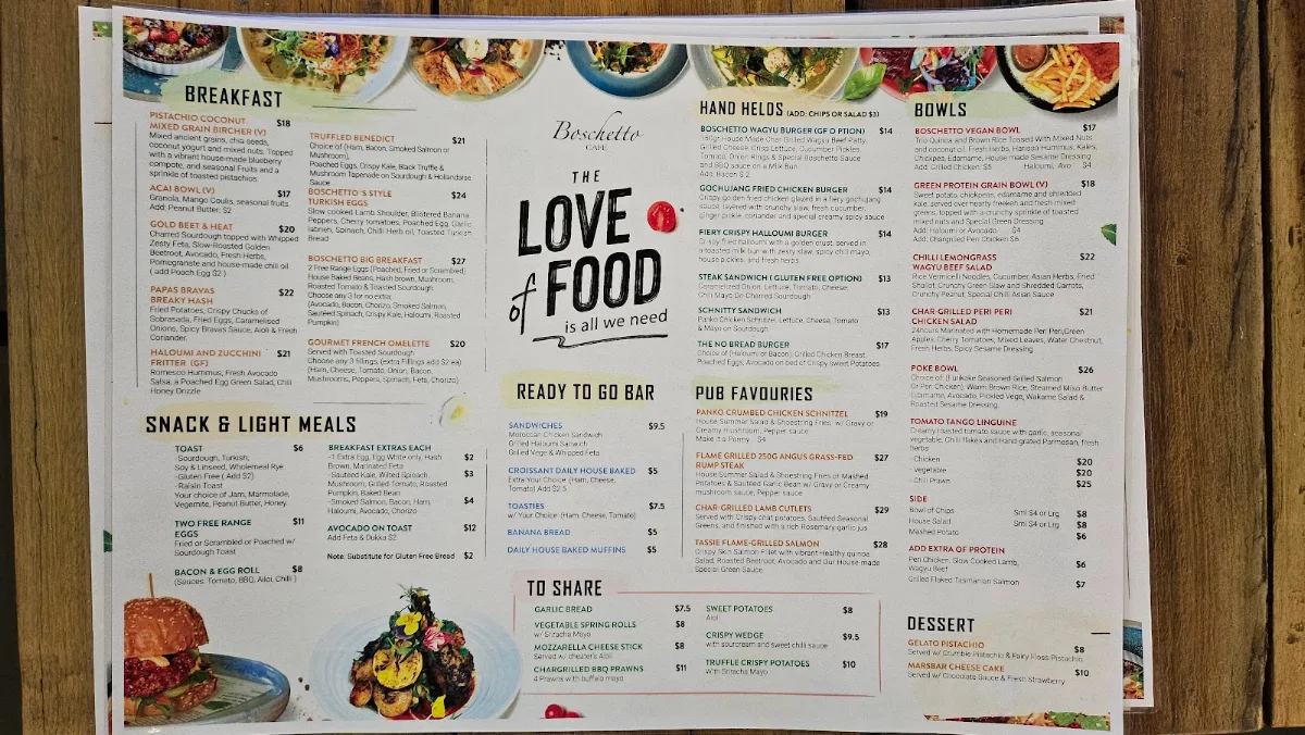 Menu, Boschetto Cafe