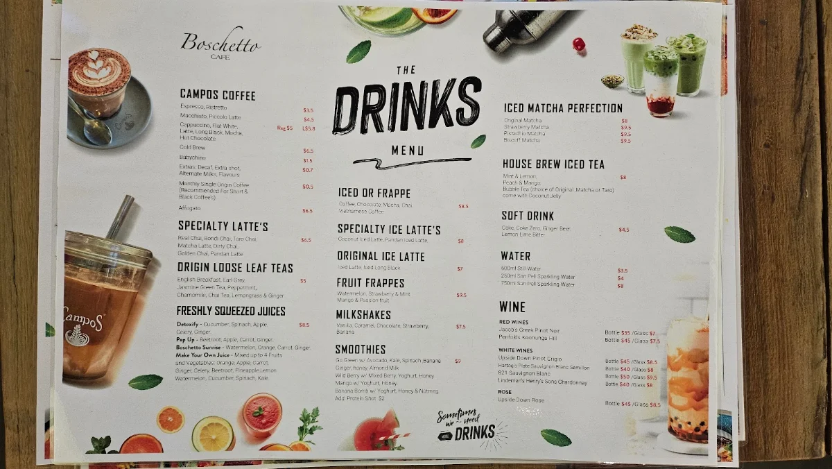 Menu, Boschetto Cafe