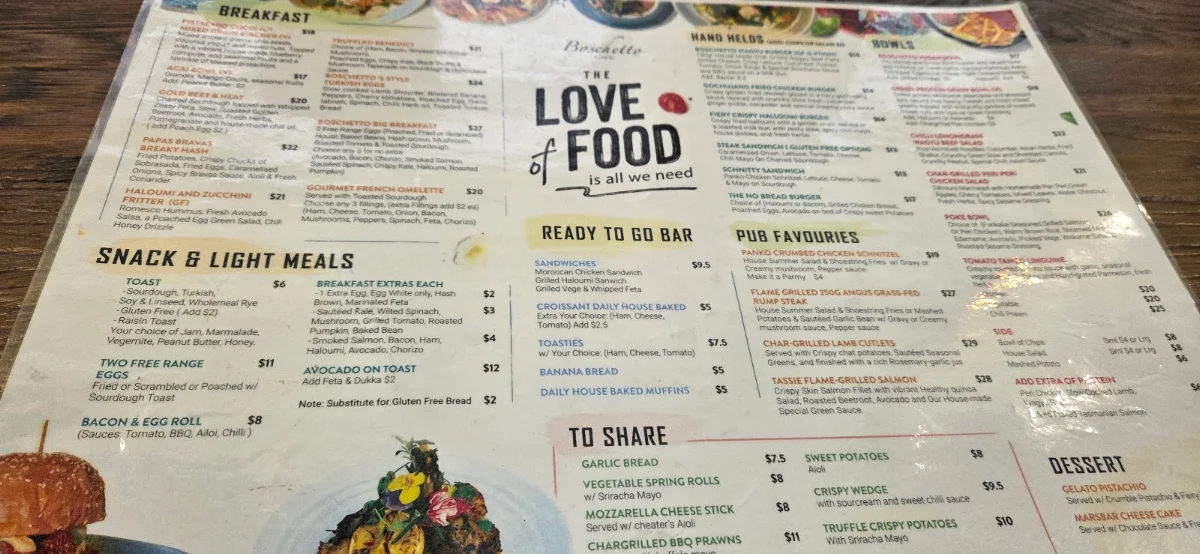 Menu, Boschetto Cafe