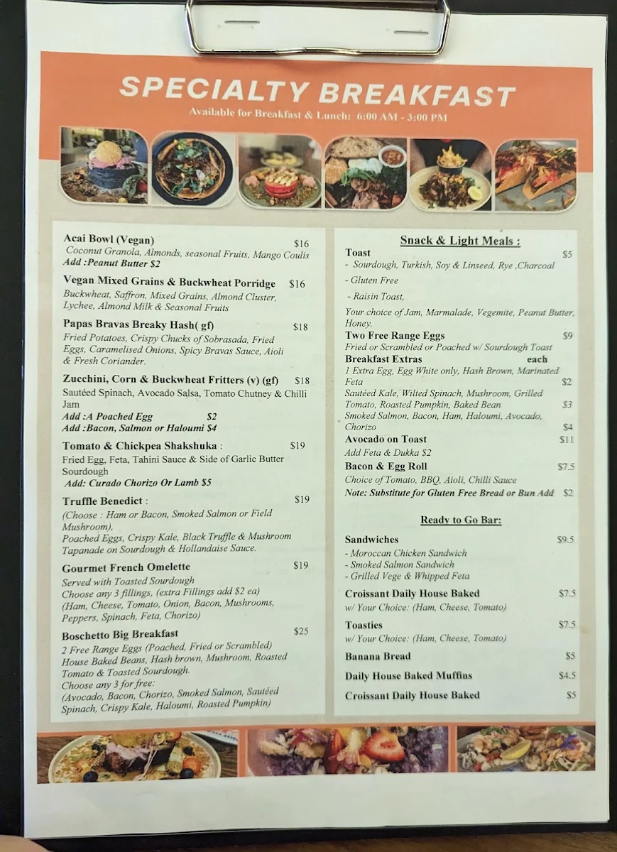 Menu, Boschetto Cafe