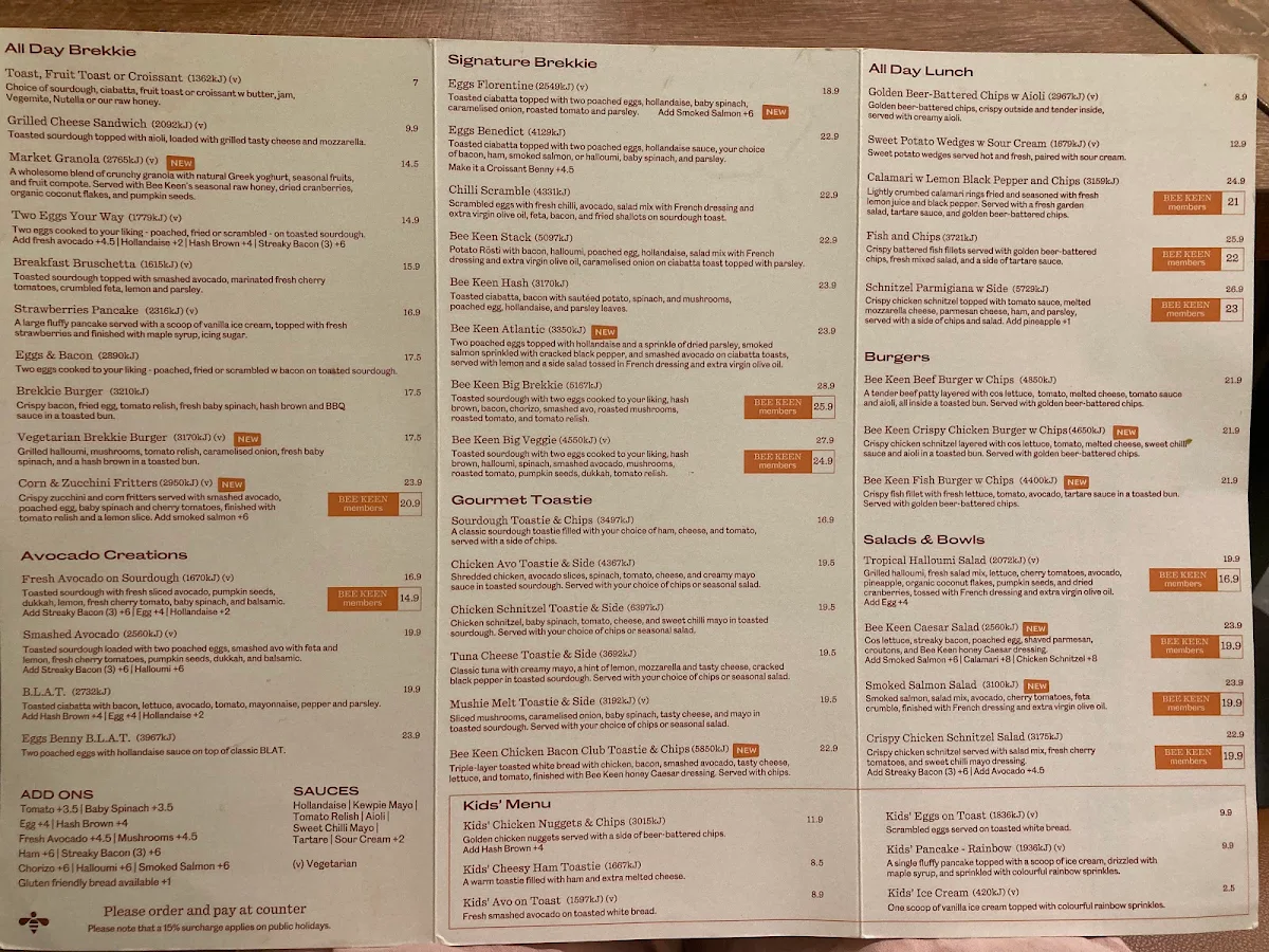 Menu, Bee Keen Cafe Glen