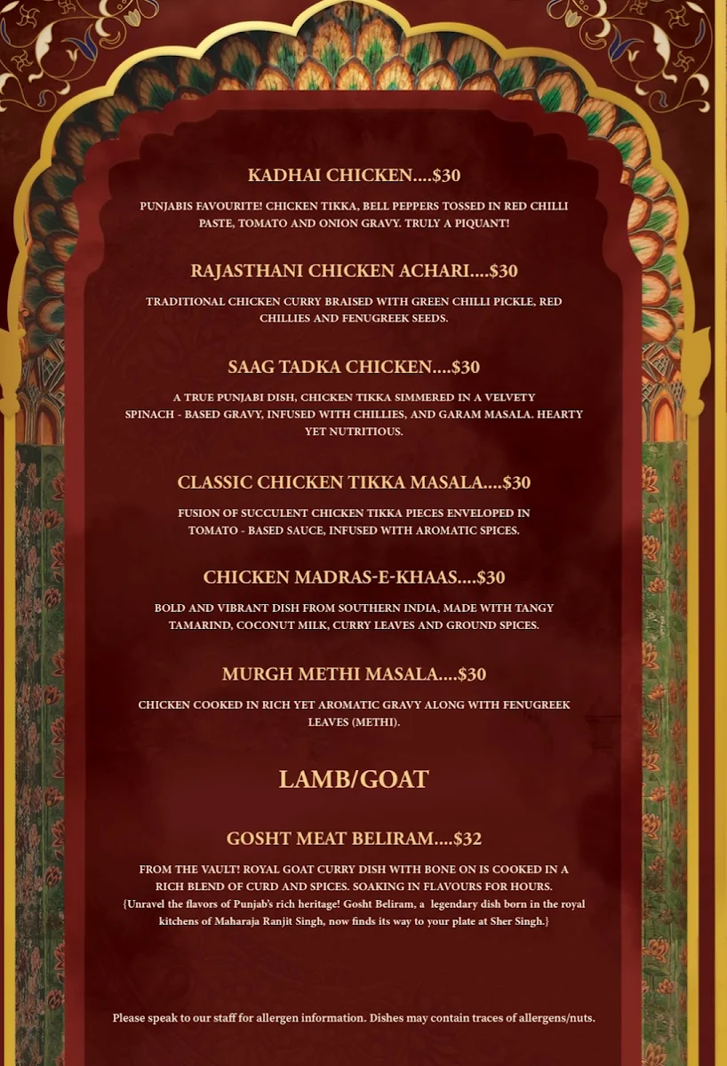 Menu, Sher Singh East Melbourne