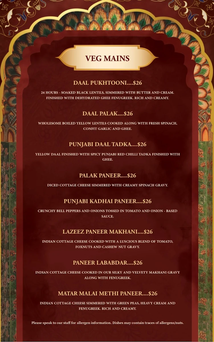 Menu, Sher Singh East Melbourne