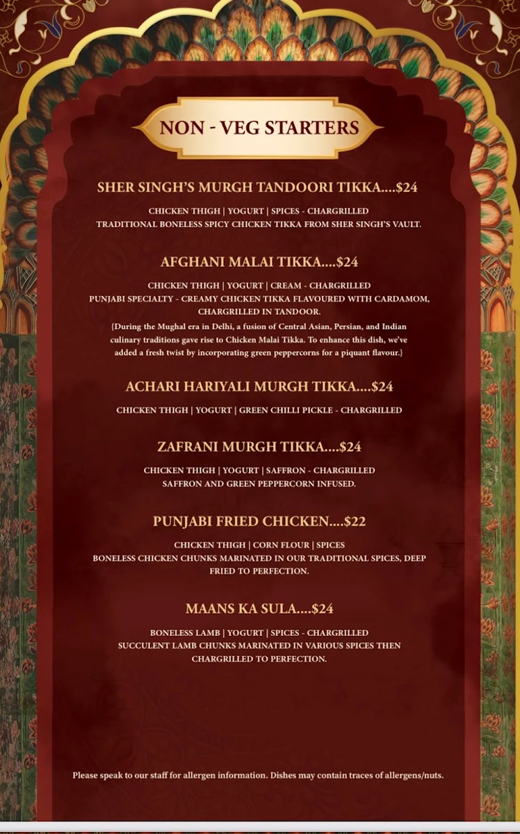 Menu, Sher Singh East Melbourne