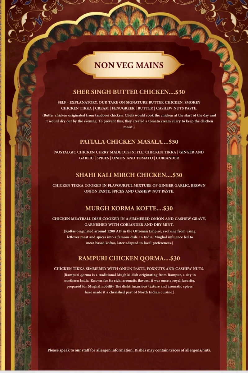 Menu, Sher Singh East Melbourne