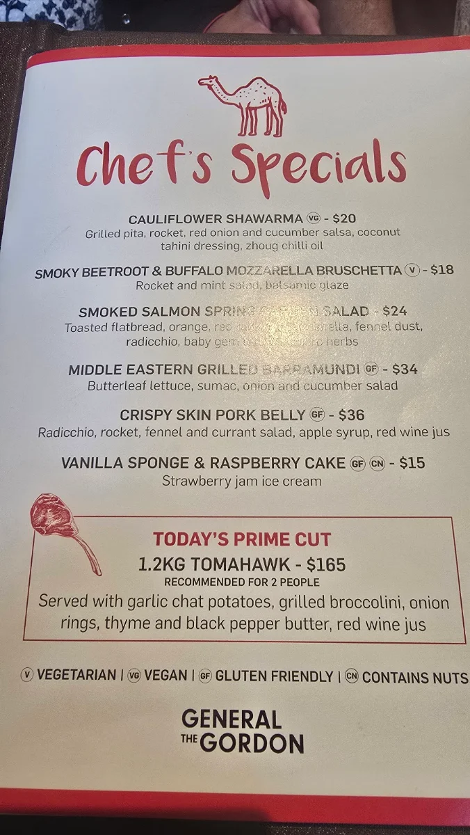 Menu, General Gordon Hotel