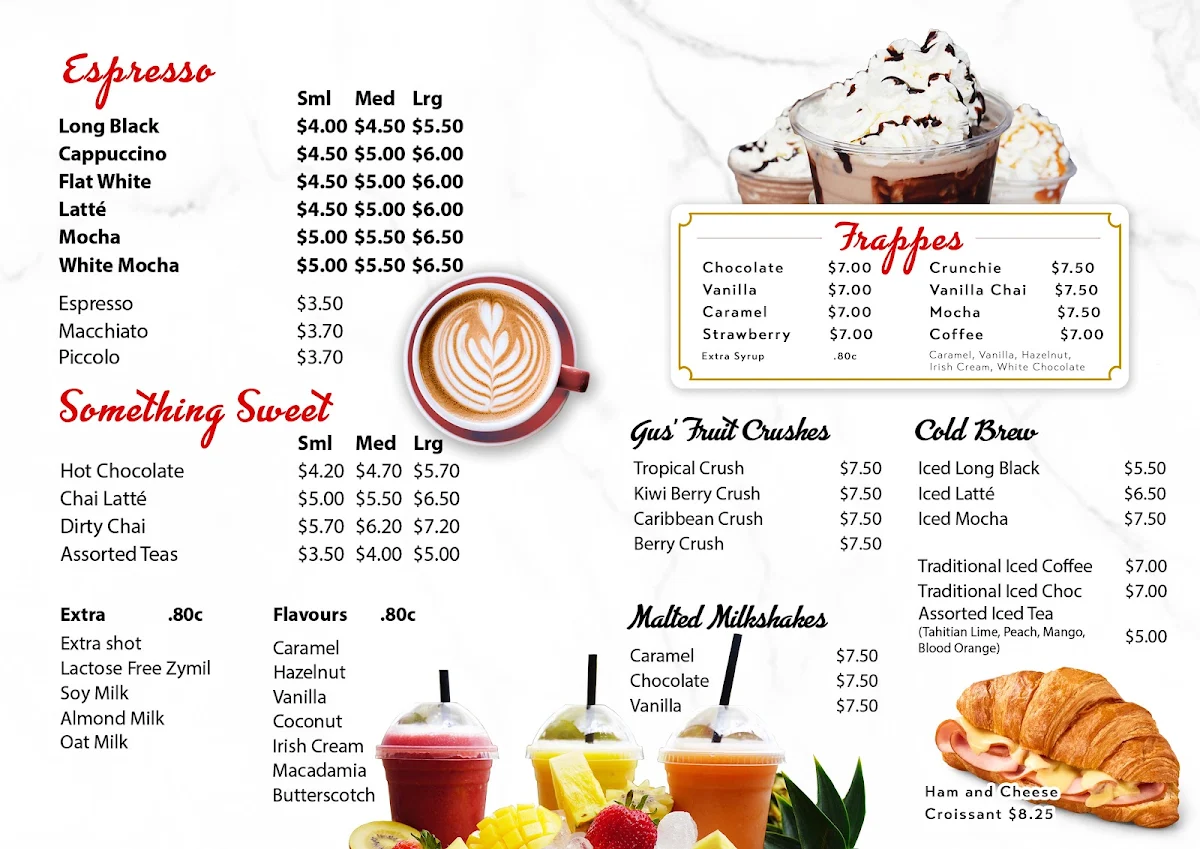 Menu, Gus' Coffee Stockland