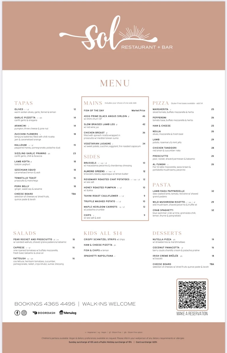 Menu, Sol Restaurant