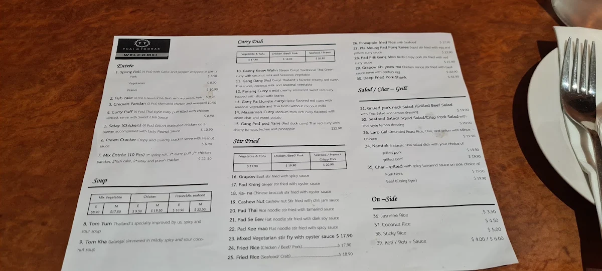 Menu, Thai@Toorak