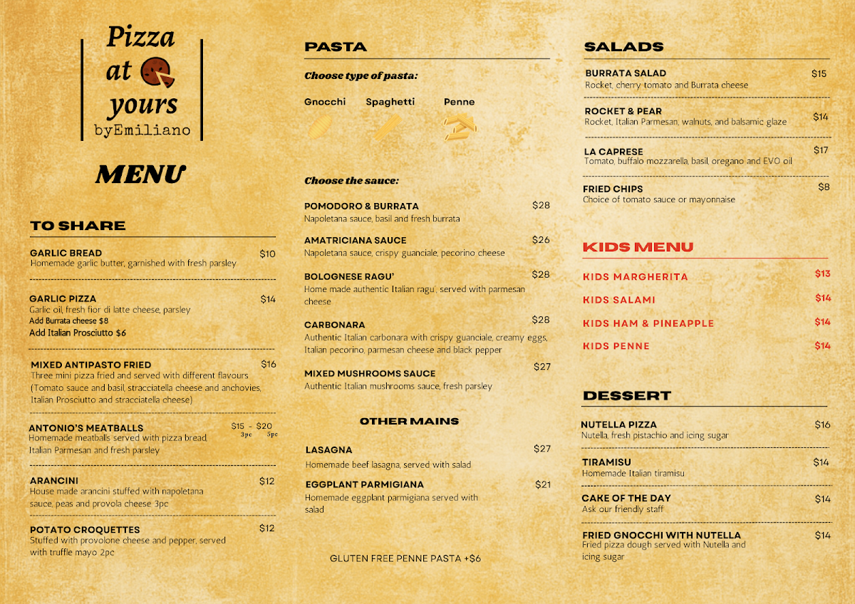 Menu, Pizza at Yours by Emiliano