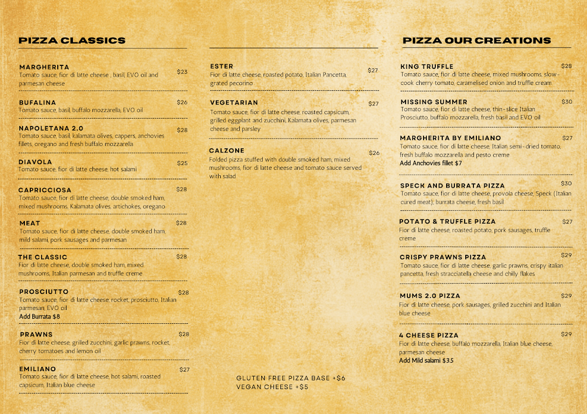 Menu, Pizza at Yours by Emiliano
