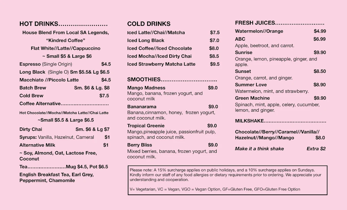 Menu, Mozzafiato Café