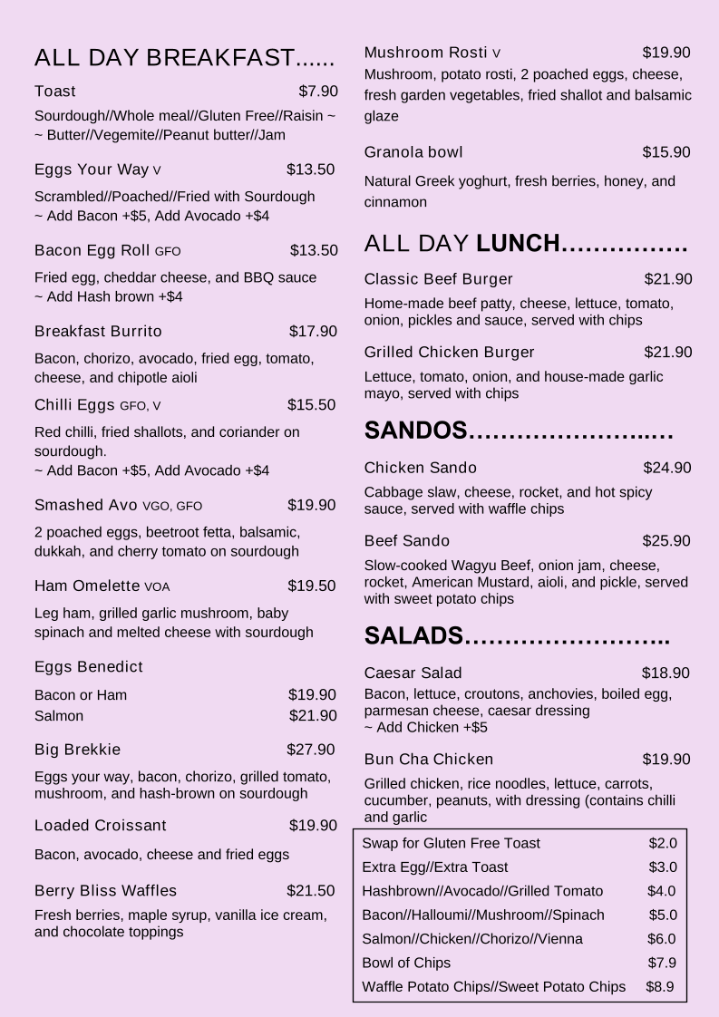 Menu, Mozzafiato Café