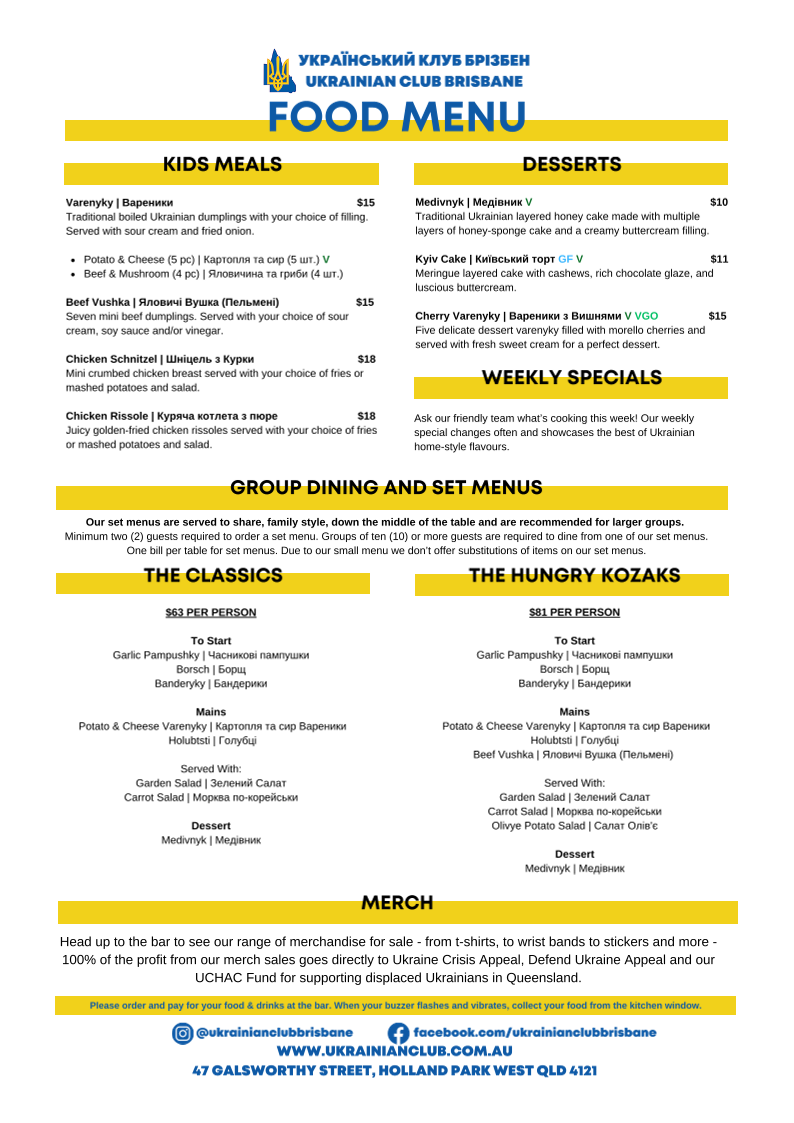 Menu, The Ukrainian Club Brisbane (Ukrainian Community of Queensland Inc.)