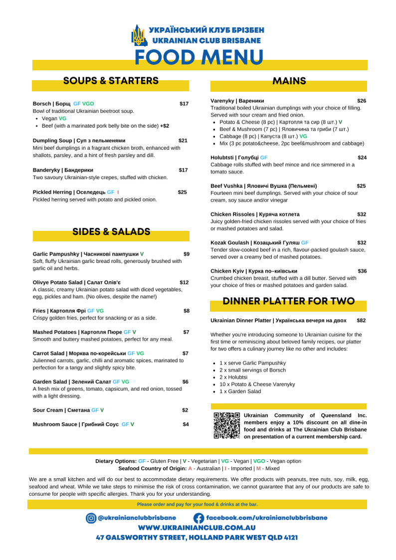 Menu, The Ukrainian Club Brisbane (Ukrainian Community of Queensland Inc.)