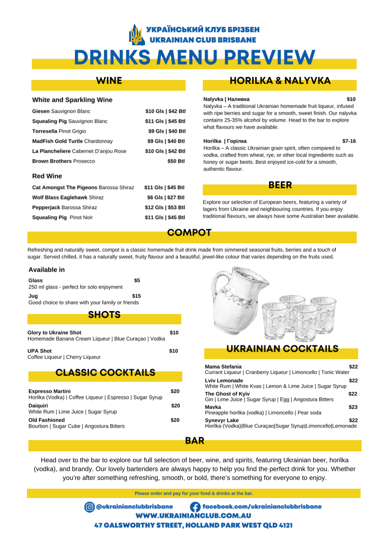 Menu, The Ukrainian Club Brisbane (Ukrainian Community of Queensland Inc.)