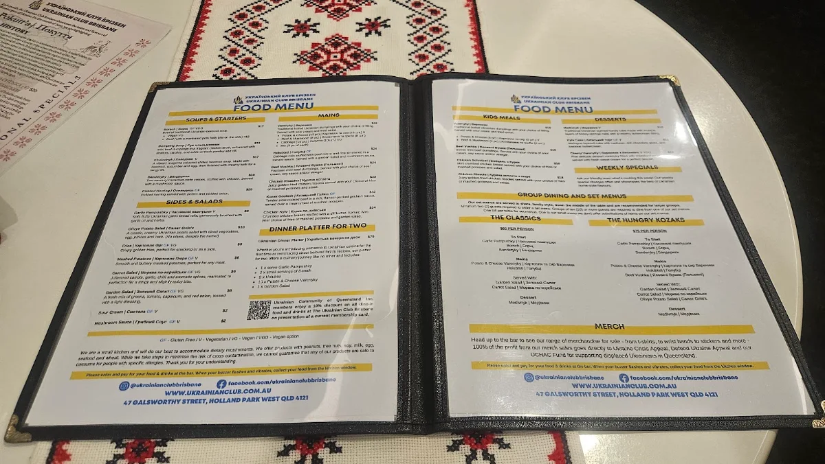 Menu, The Ukrainian Club Brisbane (Ukrainian Community of Queensland Inc.)