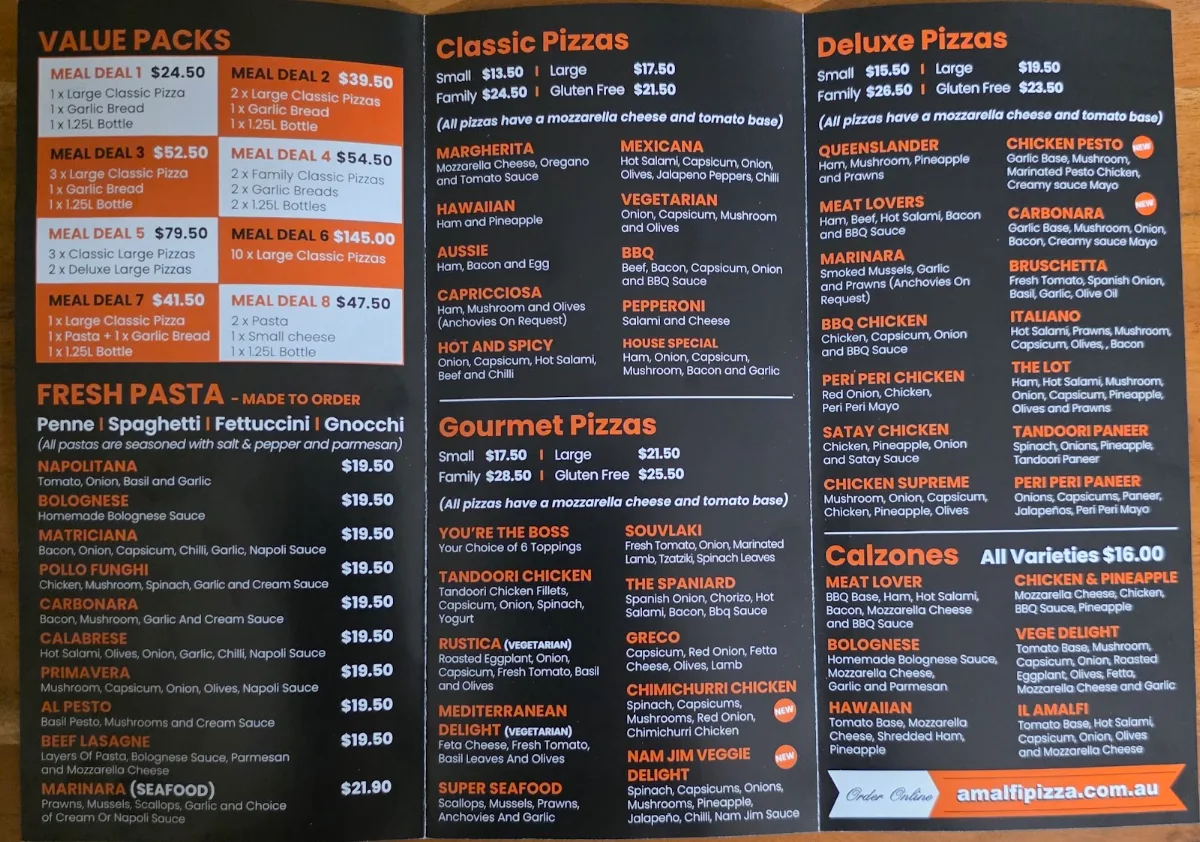 Menu, Amalfi Pizza & Pasta Sippy Downs